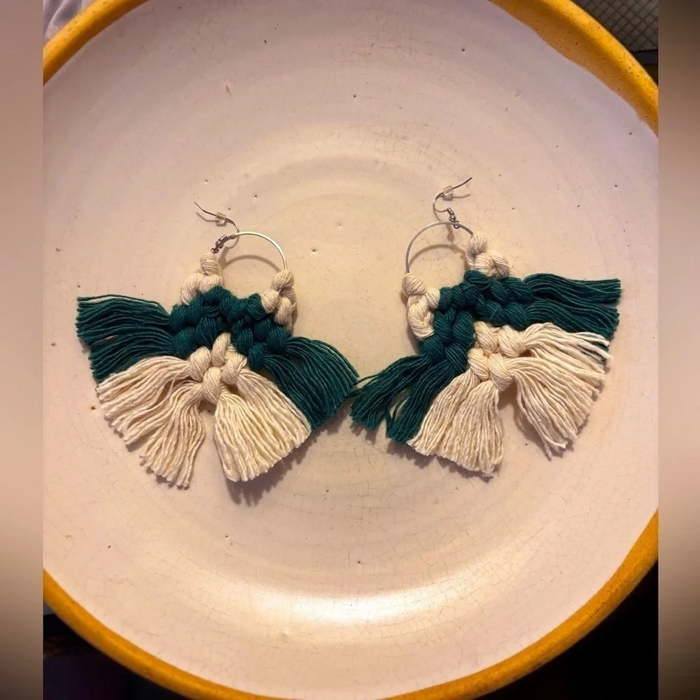 Kelly Green and Cream Macrame Earrings